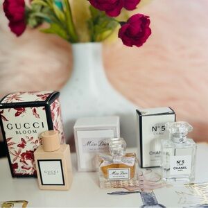 Gucci Bloom, Miss Dior & Chanel No.5 Mini Perfume Set - Pink, Cream, Clear